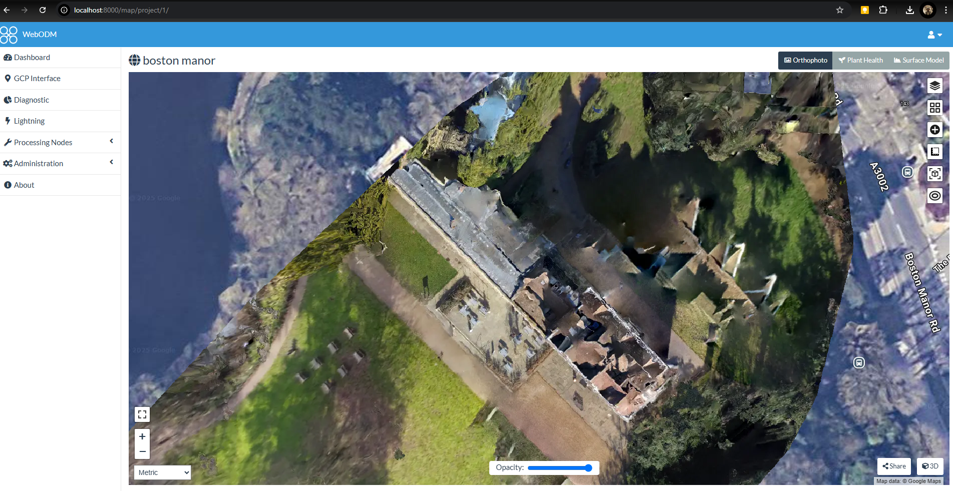 Orthographic Boston Manor survey output overlaid on aerial mapping