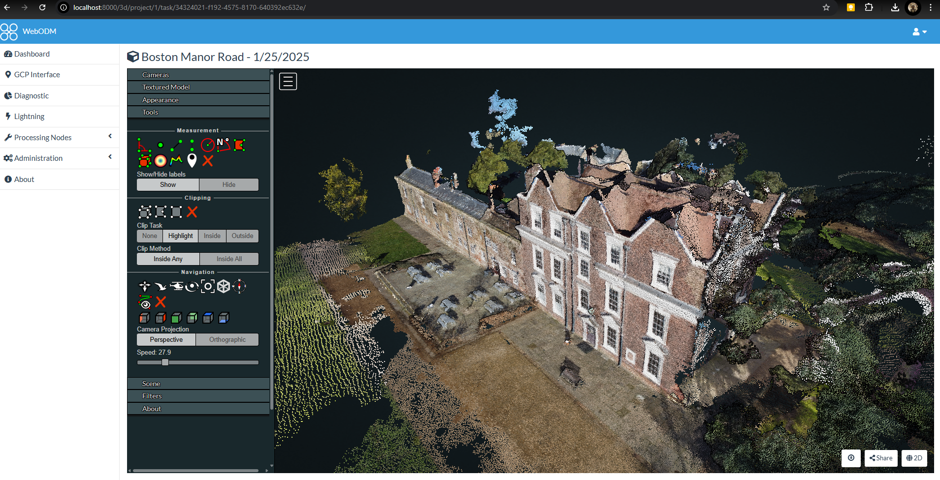 Boston Manor point-cloud model open in the WebODM workspace