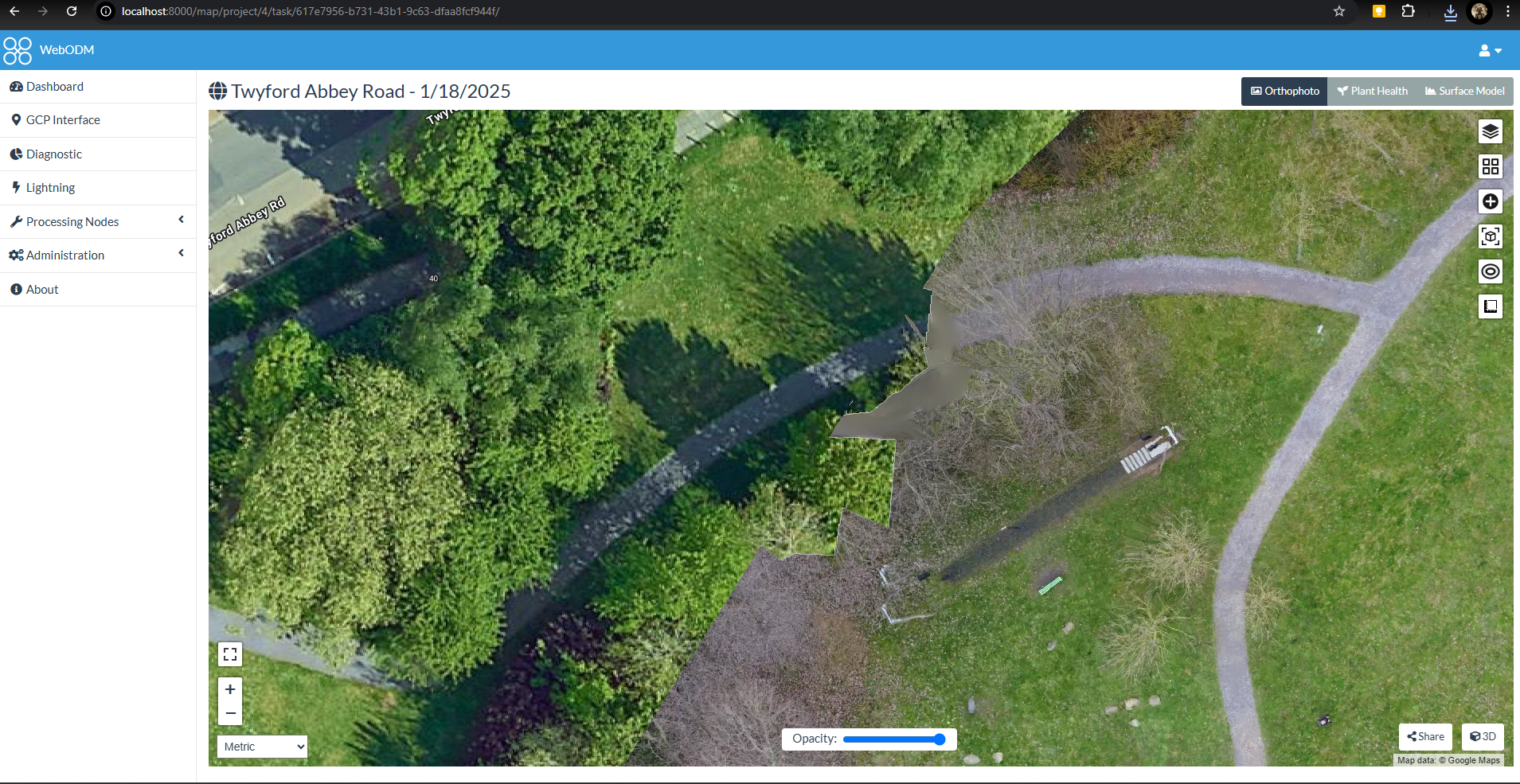 Closer orthographic aerial view of paths and trees in the local park