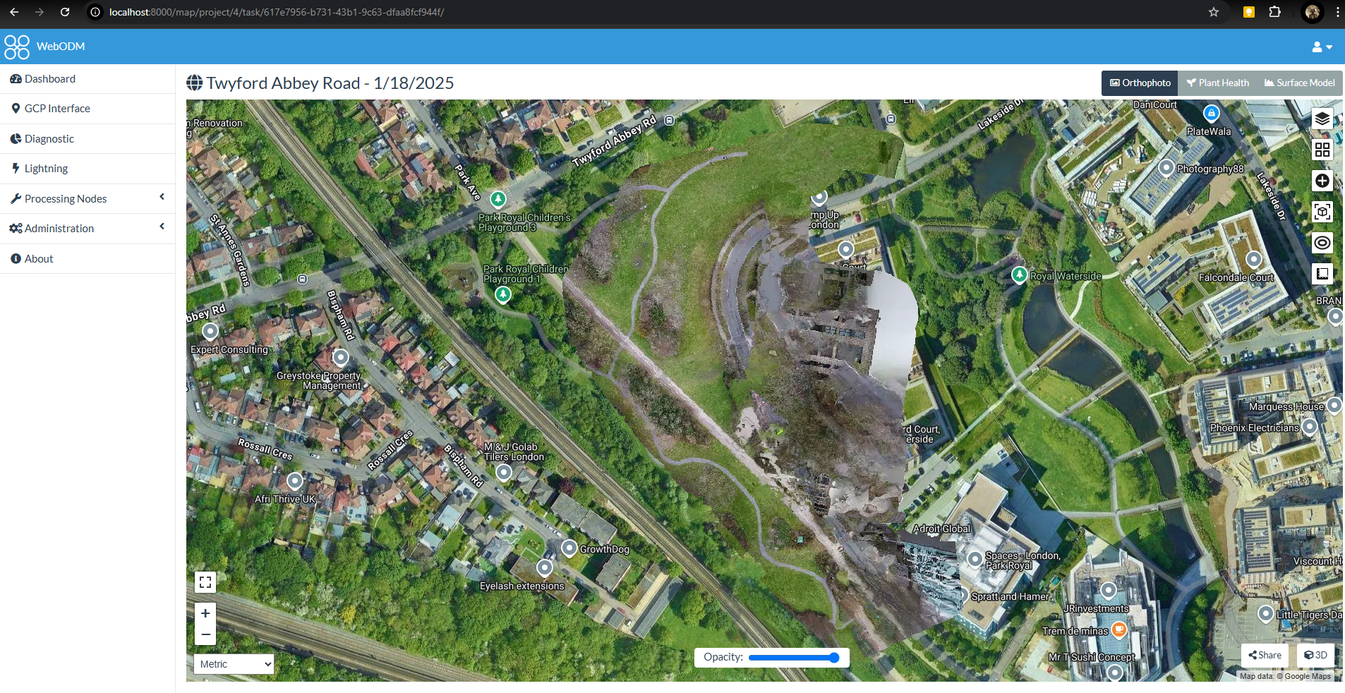 Orthographic aerial map output of the local park study area