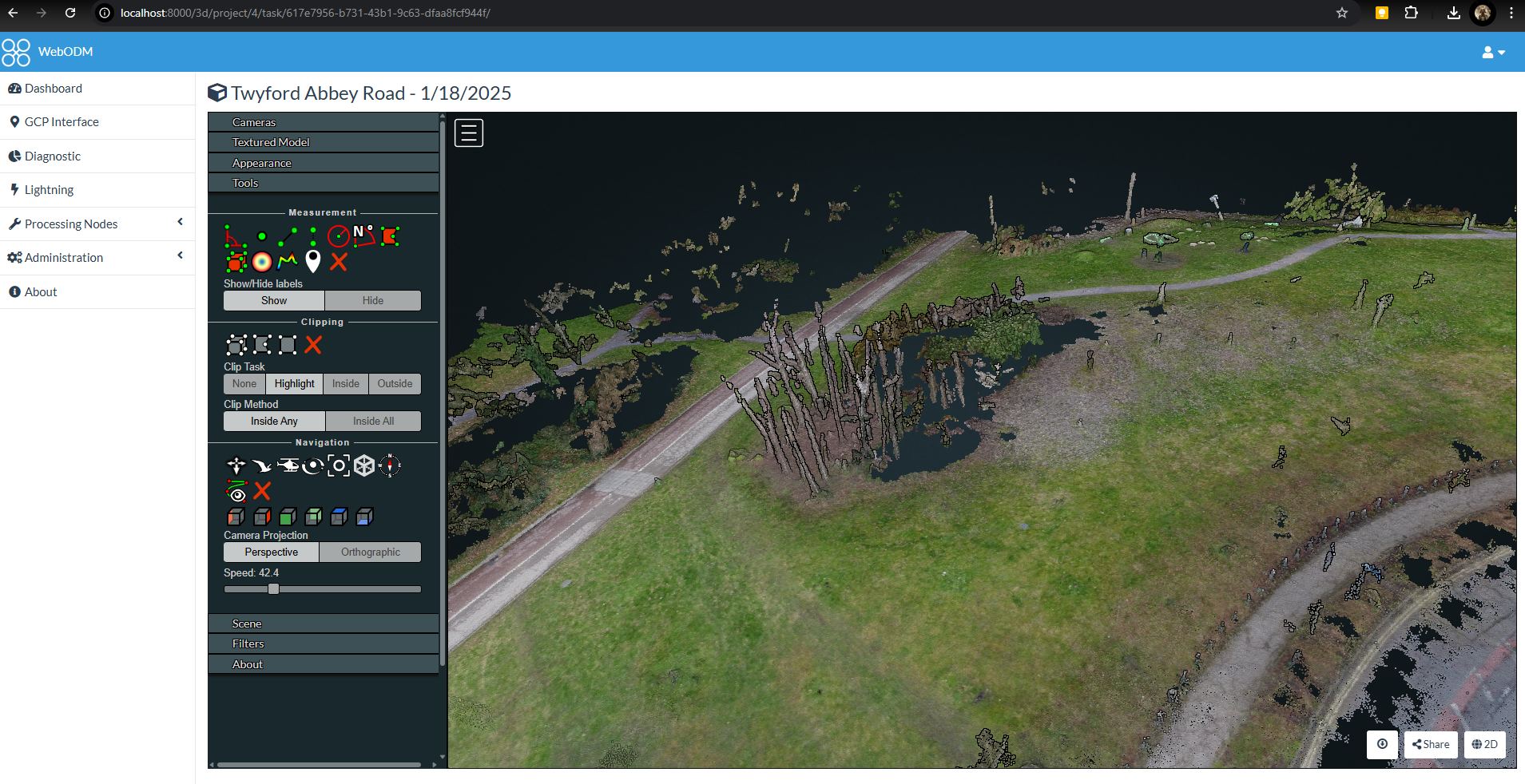 Local park point-cloud model open in the WebODM workspace