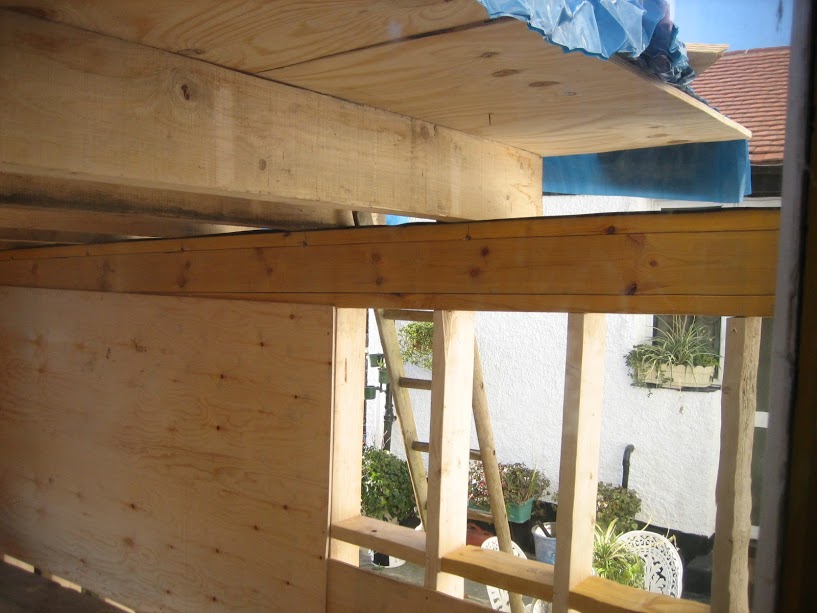 Exposed timber box-beam construction during the extension build