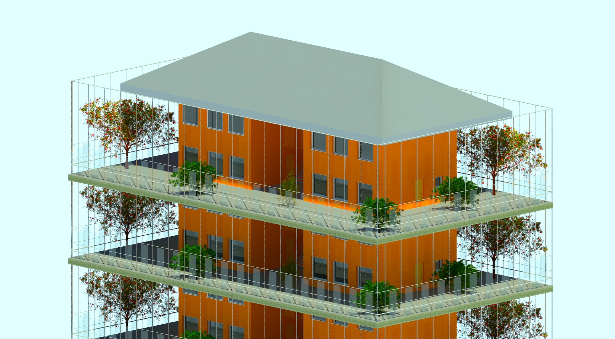 Flower Power Tower Revit render showing the wraparound balcony envelope, planting and photovoltaic balustrades
