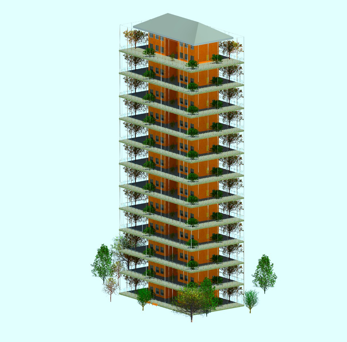 Whole-building Revit render of Flower Power Tower with planted wraparound balconies